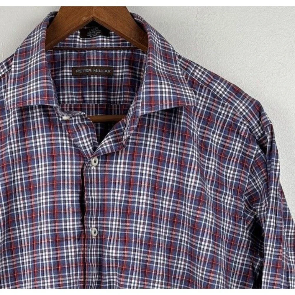 Peter Millar Button Up Shirt men’s Large blue Red White Plaid Long Sleeve Casual